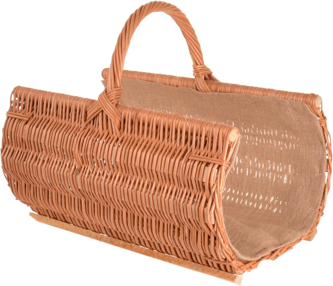 Kaminholzkorb XXL - 60 x 44 cm aus Weide mit Holzleisten und Jute-Einlage – Handgeflochtener Brennho