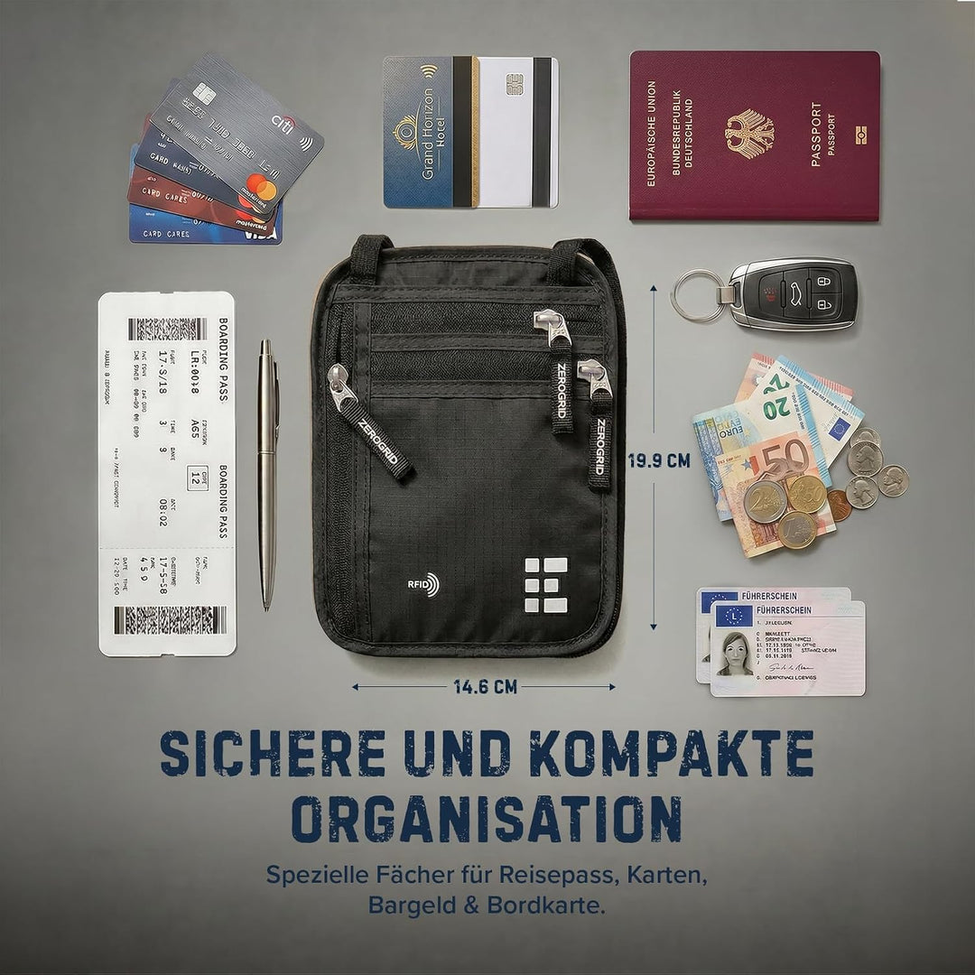 Brusttasche Brustbeutel mit RFID Blocker Reisegeldbeutel Reisedokumententasche EINWEG Einheitsgrösse