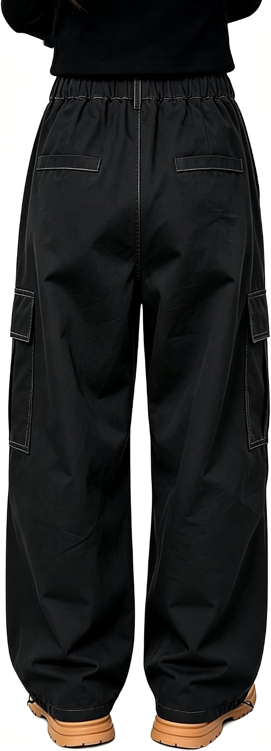 Rolanko Mädchen Cargohose, Baumwoll Baggy Hose mit Elastischer Taille und Mehreren Taschen für Kinde