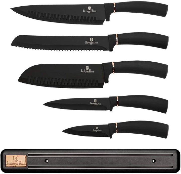 Berlinger Haus Messerset mit magnetischem Halter, 6-teilig, Black Rose Collection, Edelstahl