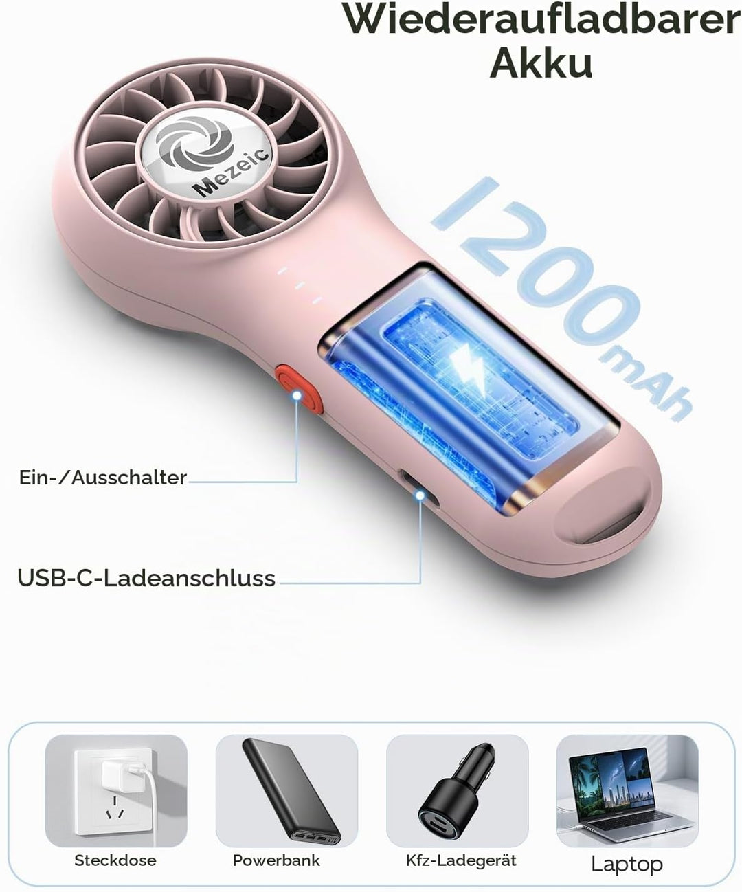 Mini Handventilator, Tragbarer Taschenventilator mit Umhängeband Ultraleichte Wiederaufladbare Venti