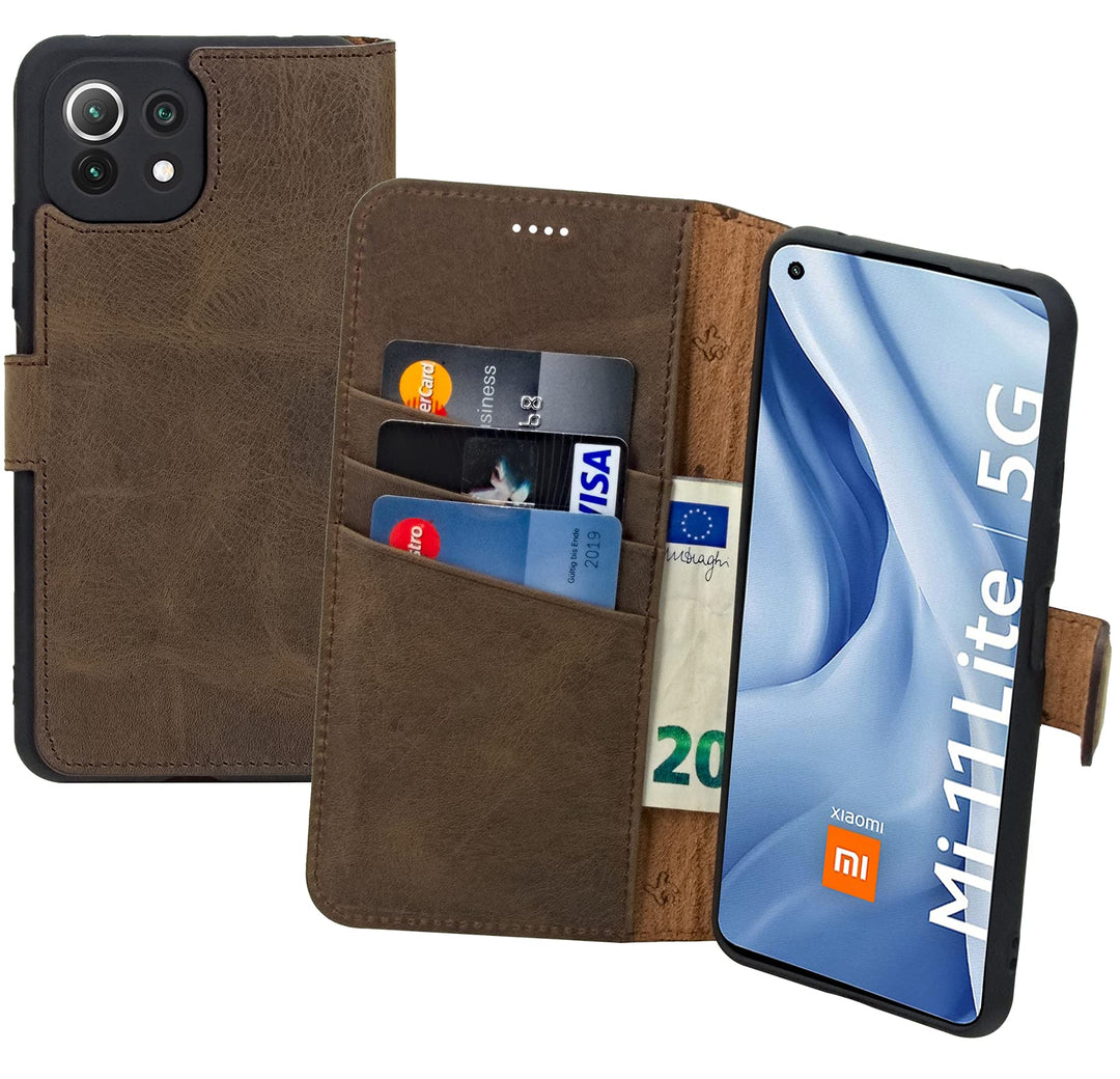 Suncase Book-Style Hülle kompatibel mit Xiaomi Mi 11 Lite 5G Leder Tasche (Slim-Fit) Lederhülle Hand