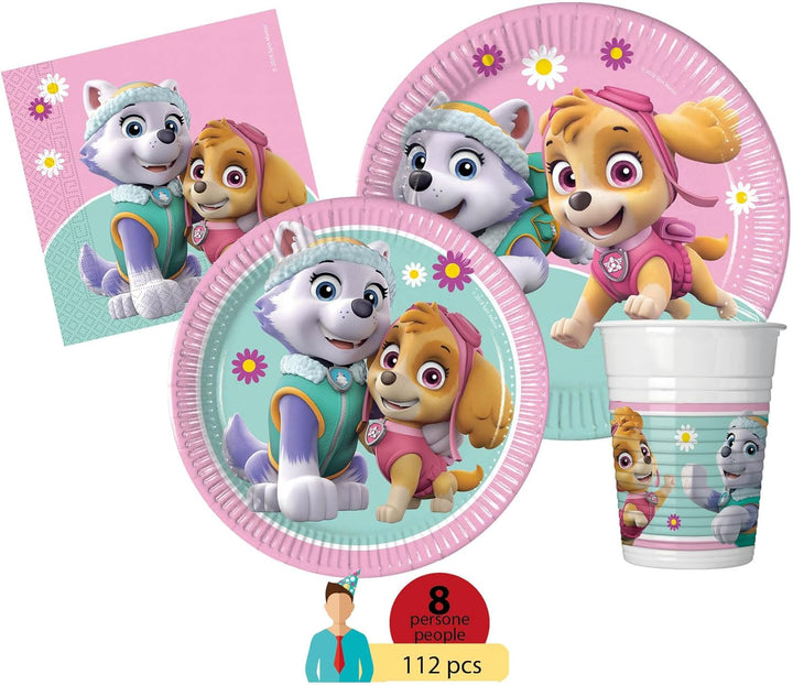 Ciao AZ018 Paw Patrol Skye & Everest People (112 pcs Ø23cm, Plates Ø20cm, Cups, 40 Napkins) Party Ta