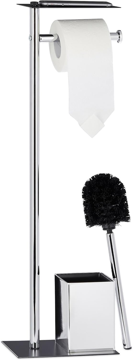 Relaxdays, Toilettenbürste u. Bürstenhalter, HxBxT 66 x 20 x 13 cm, schwarz-Silber WC Garnitur mit T
