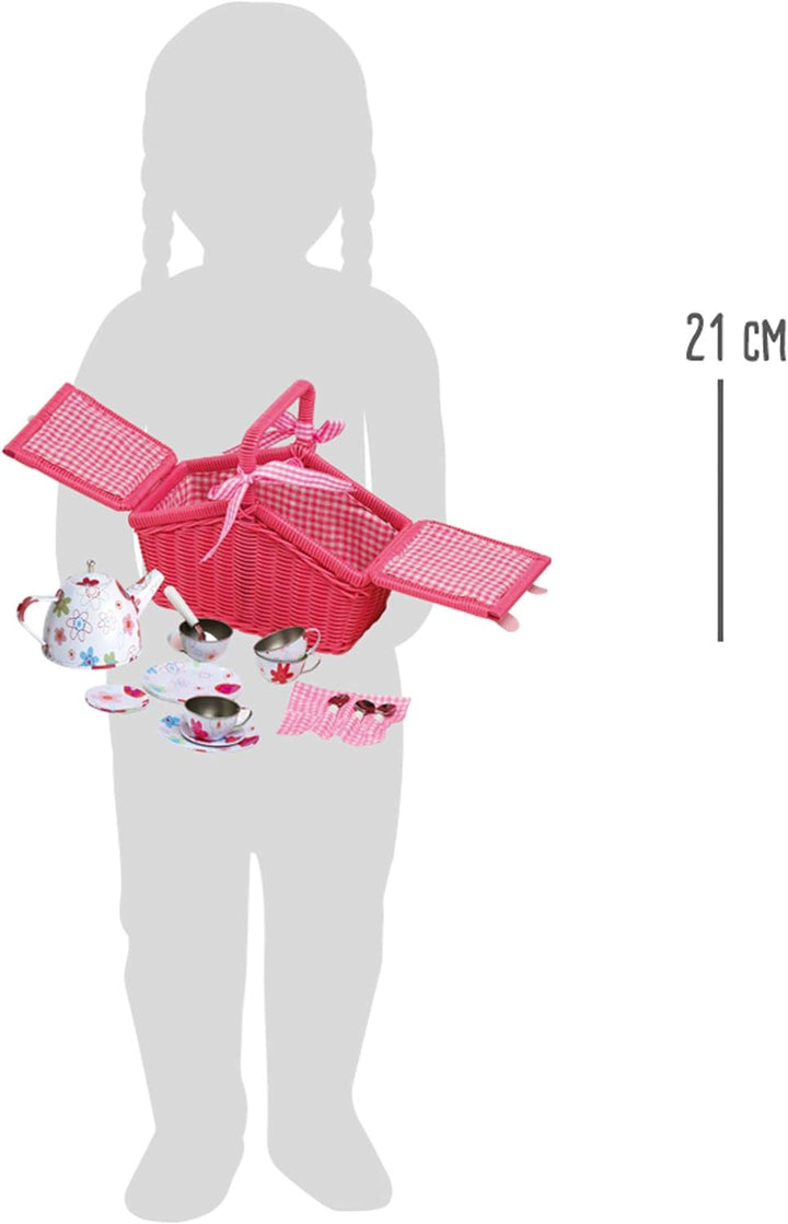 small foot Picknickkorb "Bunte Blumen" aus Rattan in Pink, mit Blechgeschirr in Blumenmuster, 20-tlg