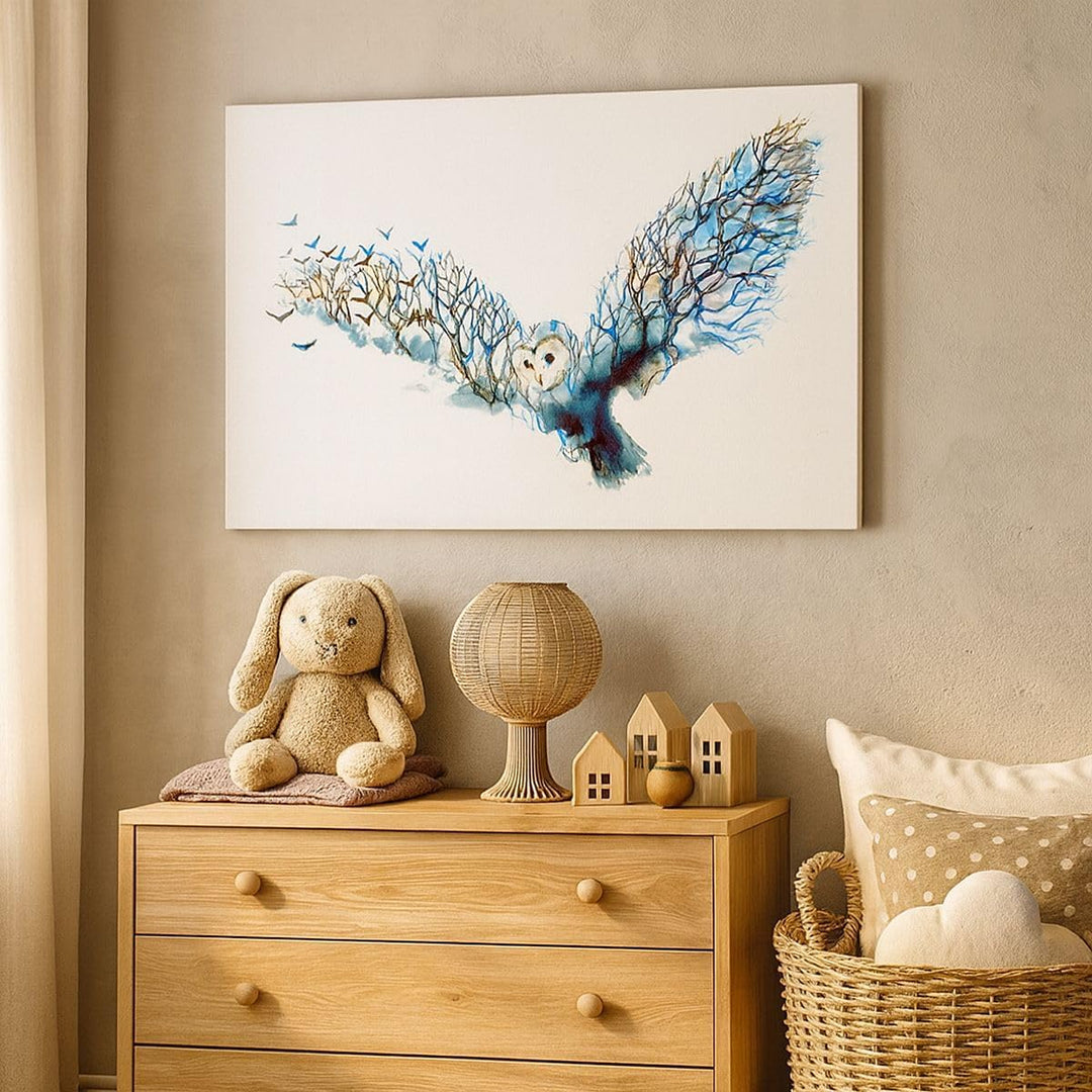 Bilder auf Leinwand 100x70cm Leinwandbild mit Rahmen Eule wild Wald Flug Gross Wanddeko Bild Schlafz