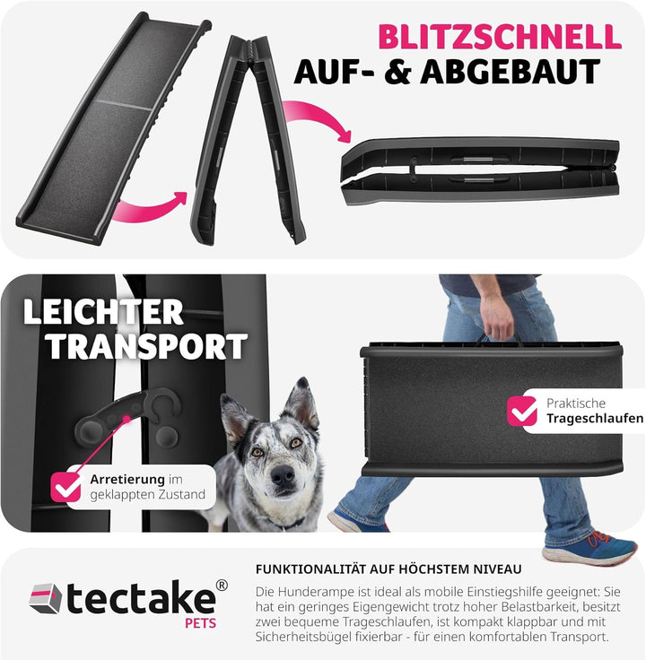 tectake® Hunderampe, klappbar und rutschfest, bis 90kg, Hunderampe Auto mit Kofferraumschutz, Hausti