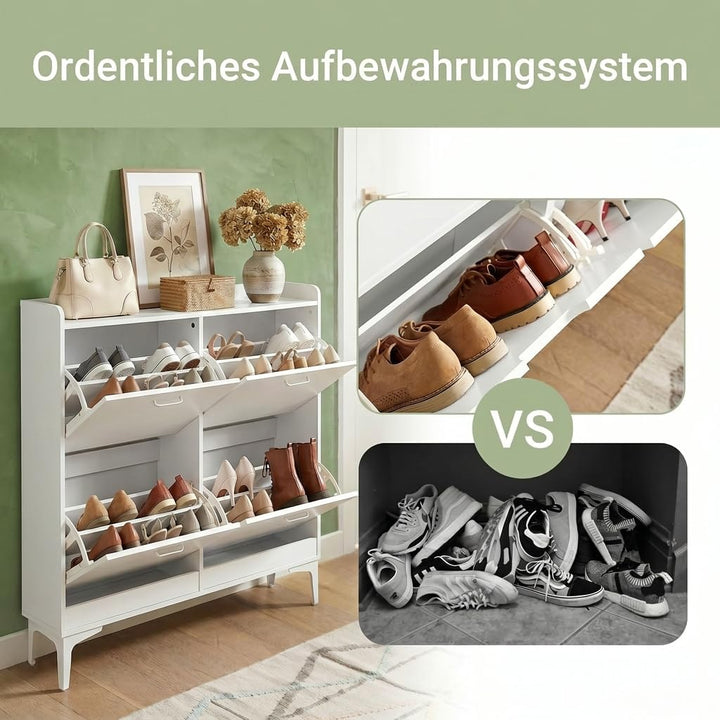 EGGREE Schuhschrank Schmal mit 4 Klappen, Schuhkipper für Flur, Schuhregal mit verstellbaren Fächern