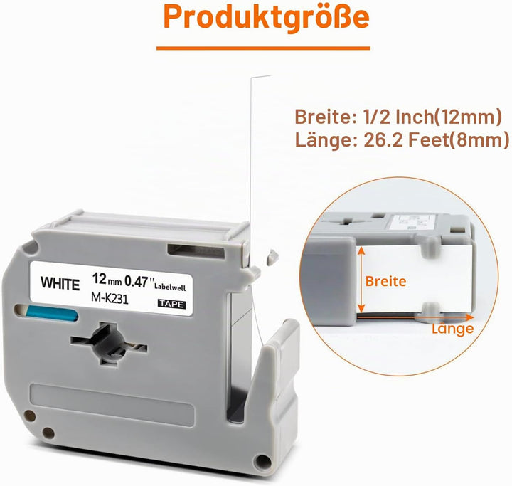 6x Labelwell Kompatibel für Brother M-K231 MK-231 12mm Schriftband für M-K231S MK231S MK231BZ White