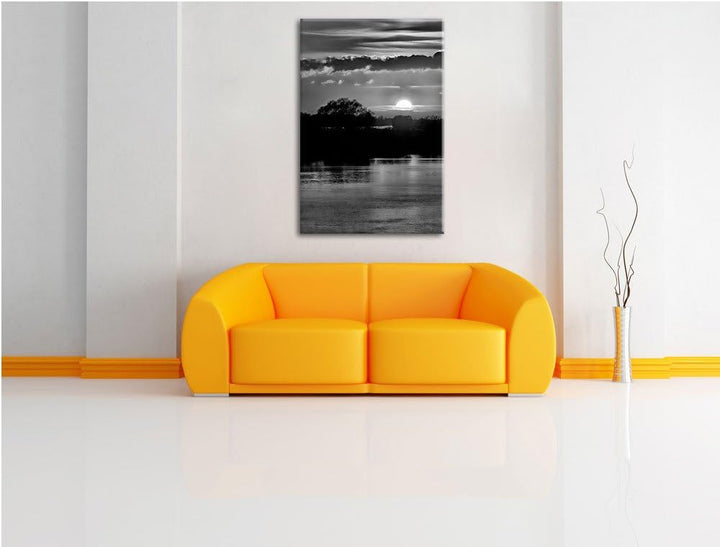 Pixxprint Monocrome, romantischer Sonnenuntergang über Fluss, Format: 100x70 auf Leinwand, 100x70
