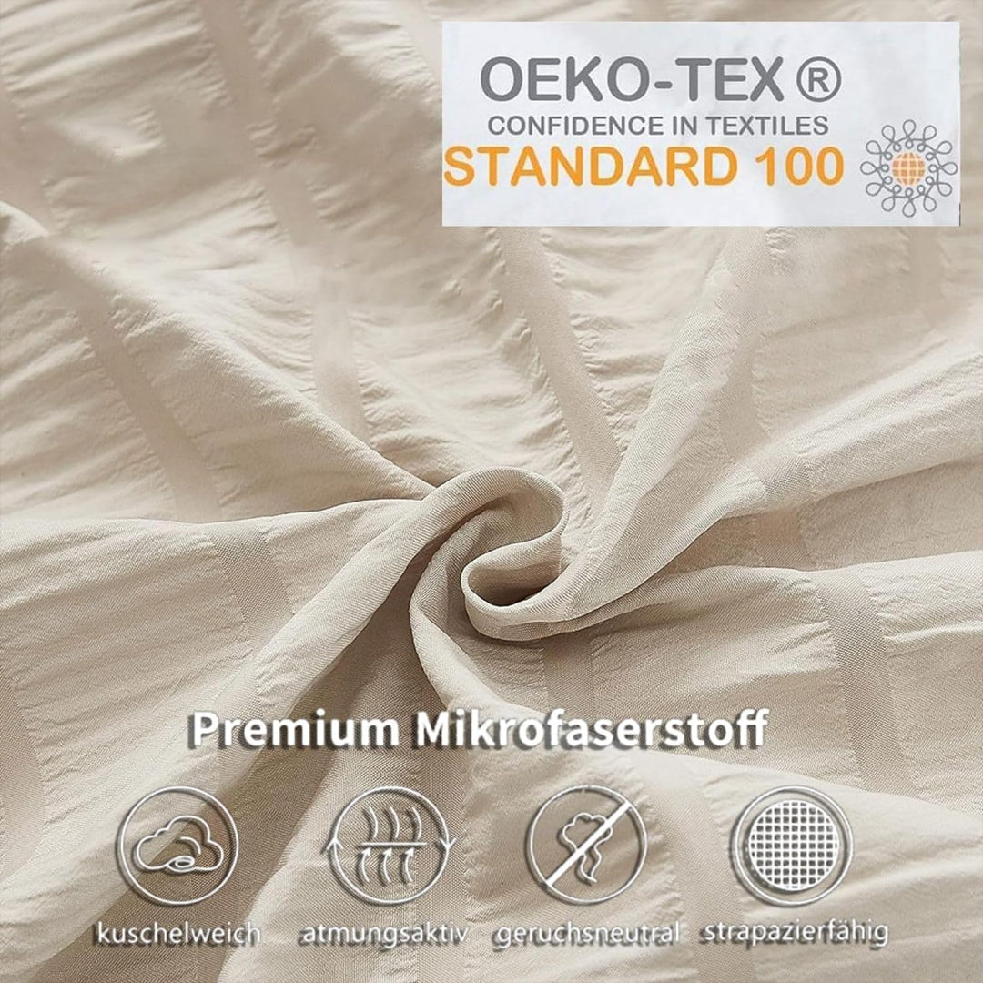 Freyamy Seersucker Bettwäsche 200x200cm 3teilig Beige Geprägt Streifen Strukturiert Bettwaren-Sets U