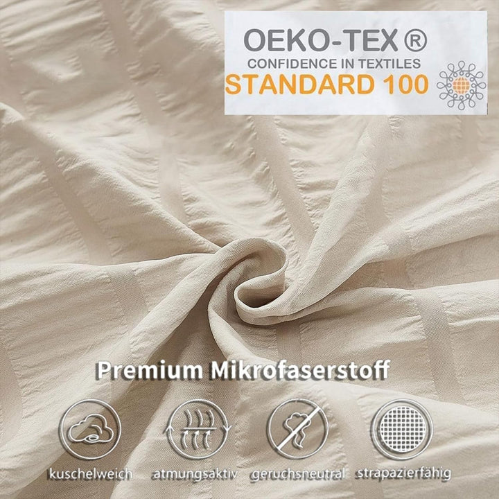 Freyamy Seersucker Bettwäsche 200x200cm 3teilig Beige Geprägt Streifen Strukturiert Bettwaren-Sets U