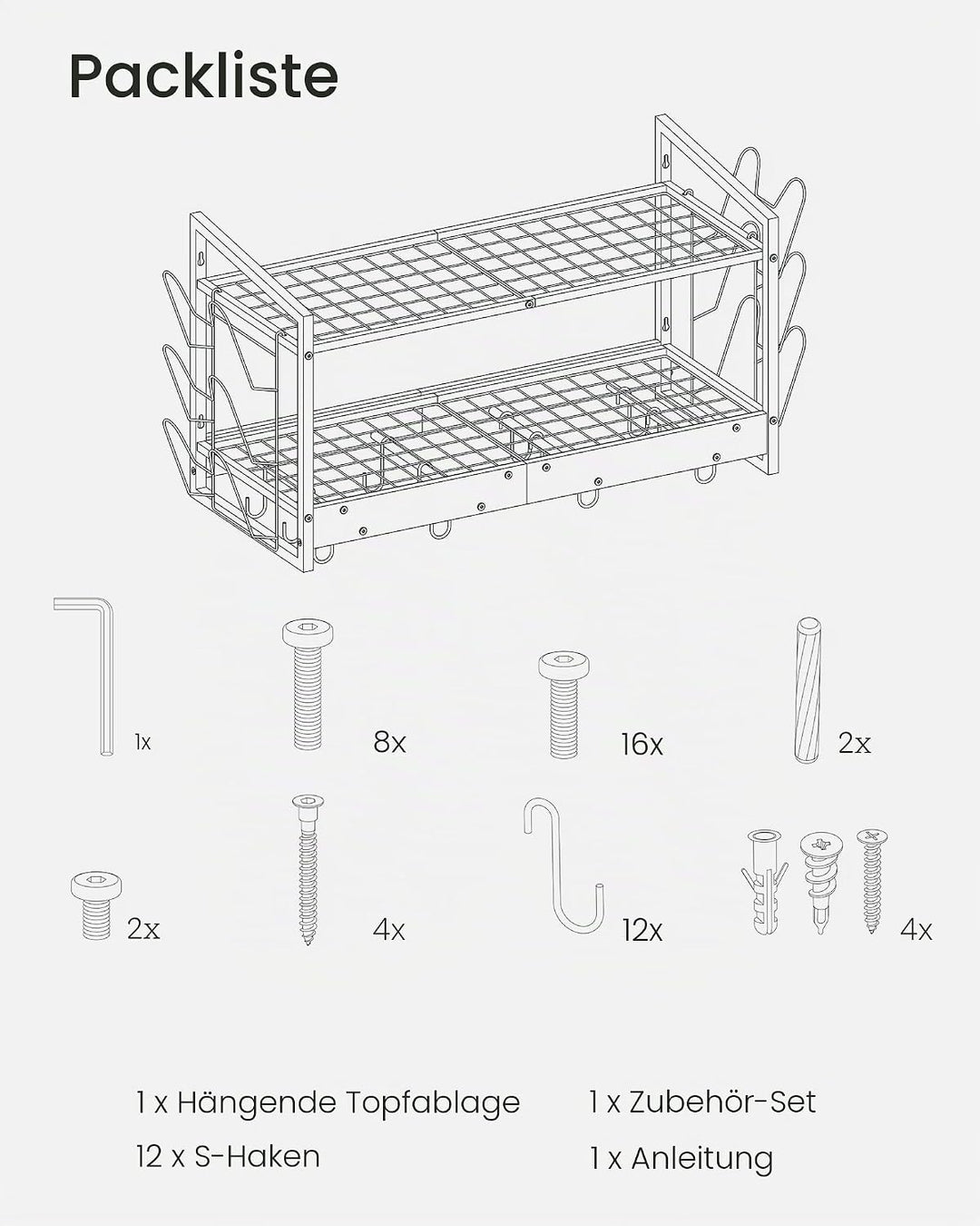 Wandmontiertes Küchenregal, 2-stöckiger Topfdeckelhalter, Topf-Rack, Pfannenhalter, Geschirr- und Kü