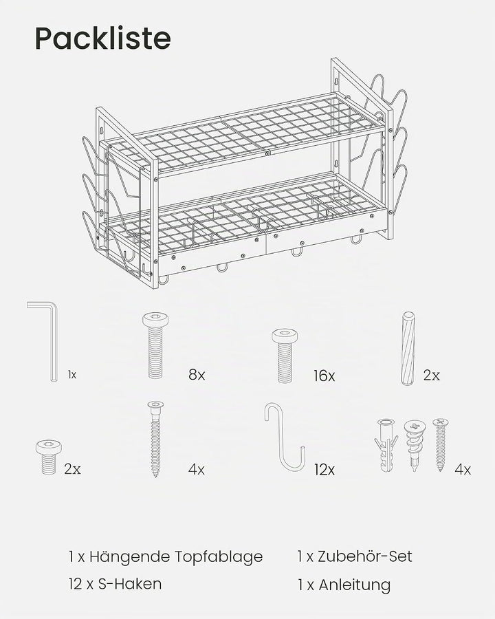 Wandmontiertes Küchenregal, 2-stöckiger Topfdeckelhalter, Topf-Rack, Pfannenhalter, Geschirr- und Kü