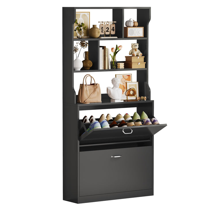 IRONCK Schuhschrank mit 2 Klappen, Schuhkipper Schmal, Schuhregal offenes Fach, Hohe Schuhaufbewahru