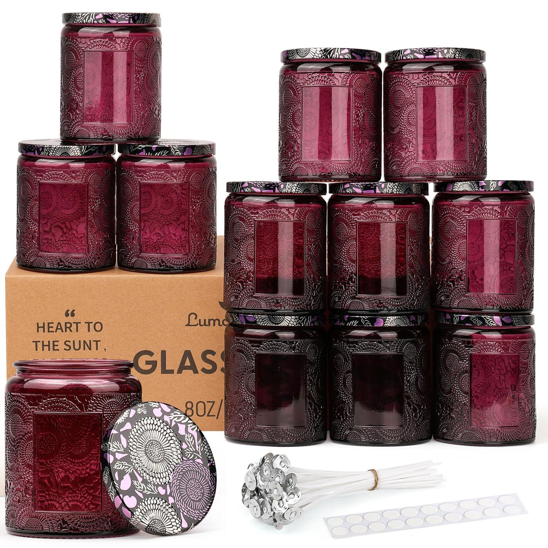 LumaCraft Candle Luxus Relief Kerzengläser zum Kerzen giessen- 12er Pack Leere Glasgefässe mit Luftd