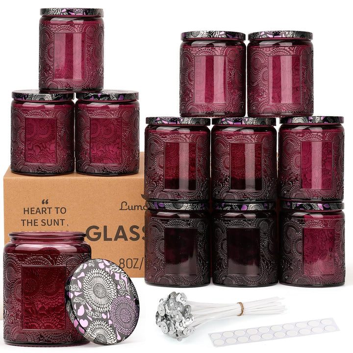 LumaCraft Candle Luxus Relief Kerzengläser zum Kerzen giessen- 12er Pack Leere Glasgefässe mit Luftd