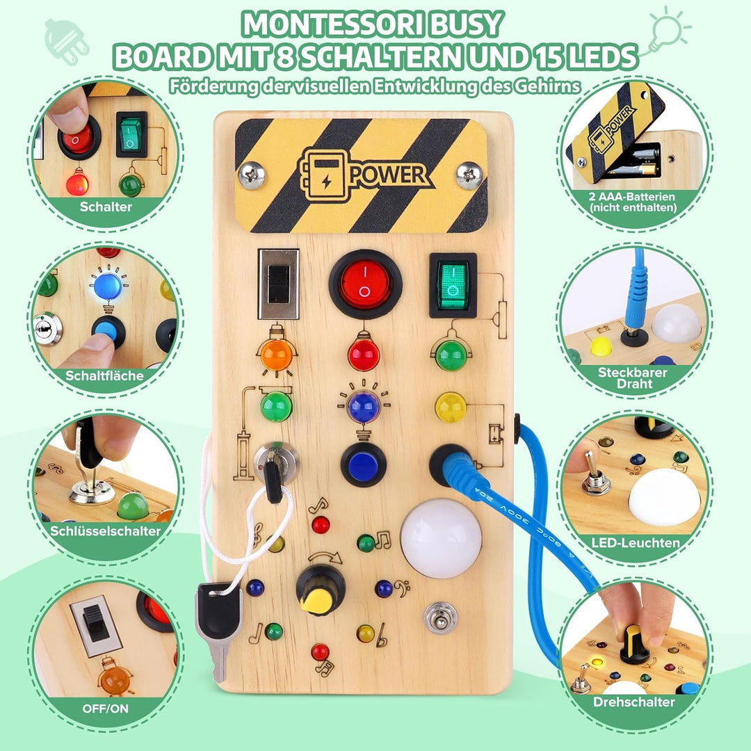Montessori Busy Board Activity Board ab 1 Jahr Holzspielzeug mit 15 LED Lichtschalterspielzeug Senso