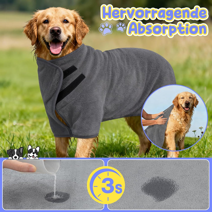 Hundebademantel Extra Saugfähig, Bademantel Hund Schnelltrocknend mit Klettverschluss Mikrofaser Hun