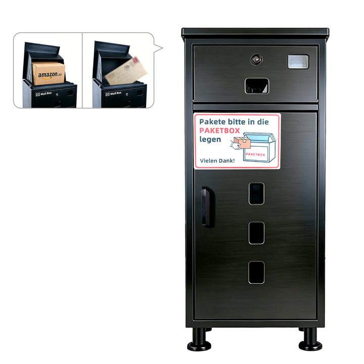 MOZIMOI Paketbox draussen gross XXL, getr. Fächer, Standfüsse 8‑20 cm variabel, schützt Pakete vor S