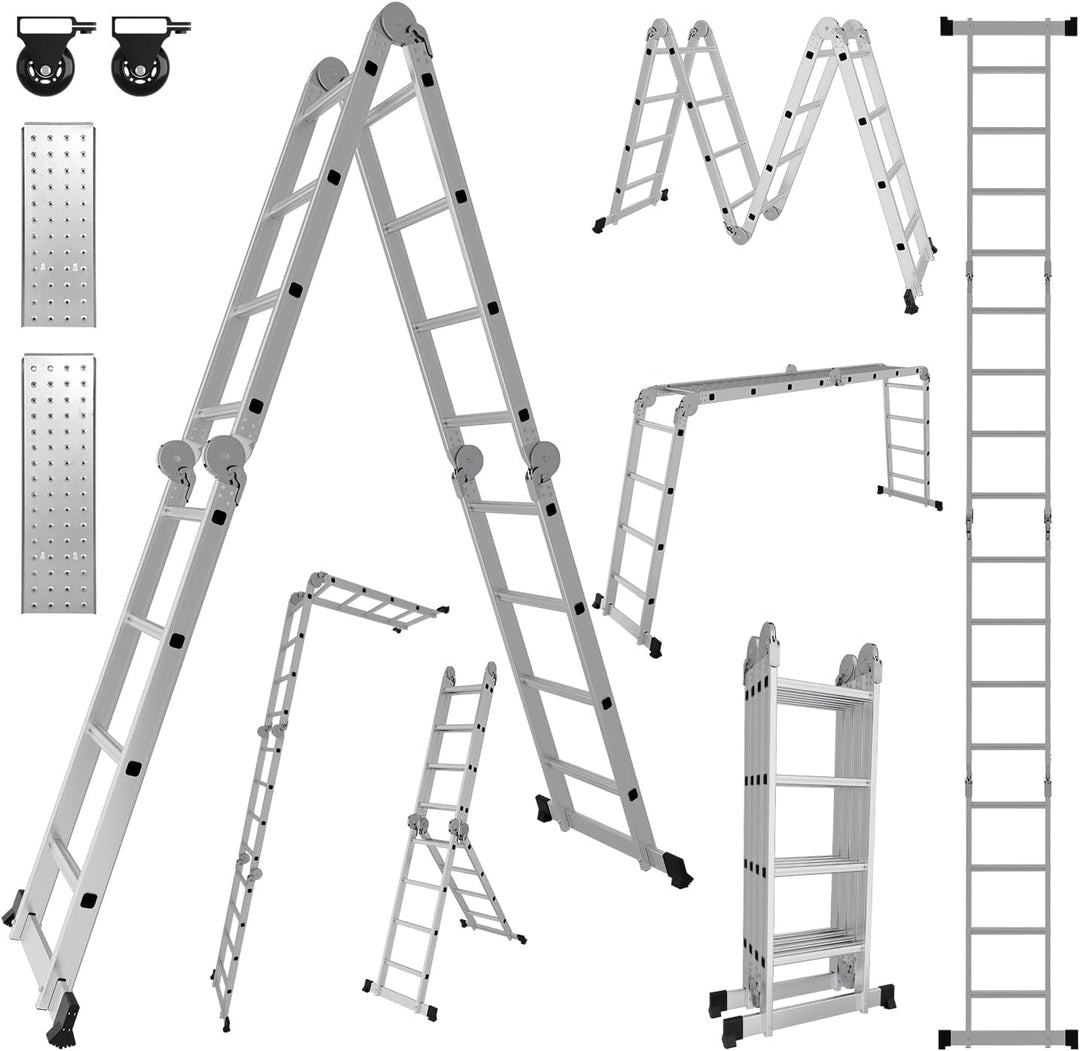 Ikodm 4x4 Stufen Mehrzweckleiter 4,7 m 7 in 1 Aluminium Multifunktionsleiter bis 150 kg mit 2 Transp