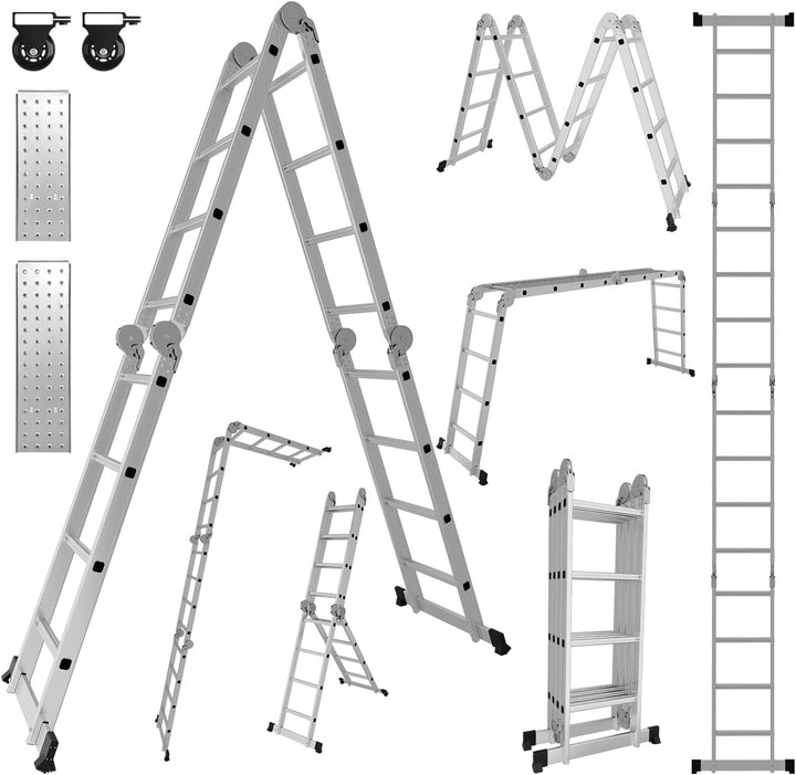 Ikodm 4x4 Stufen Mehrzweckleiter 4,7 m 7 in 1 Aluminium Multifunktionsleiter bis 150 kg mit 2 Transp