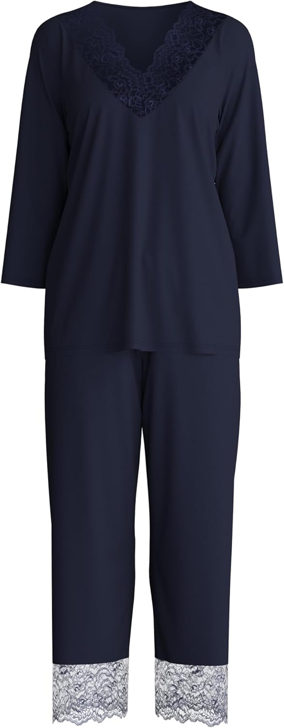CALIDA Elegant Dreams 7/8-Pyjama Damen, luftiger Schnitt, mit Spitzendetails, fliessend und anschmie