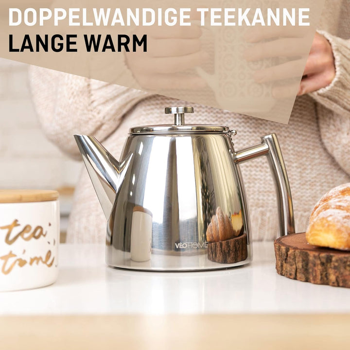 Teekanne aus rostfreiem Edelstahl (0,5L) - Mit Tee-Ei für losen Tee Siebeinsatz - Die doppelwandige