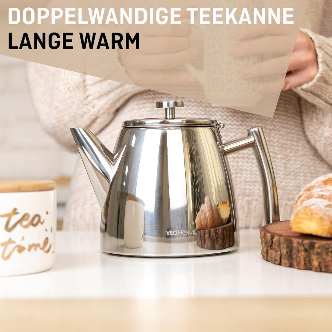 Teekanne aus rostfreiem Edelstahl (1L) - Mit Tee-Ei für losen Tee - Die doppelwandige Isolierung häl