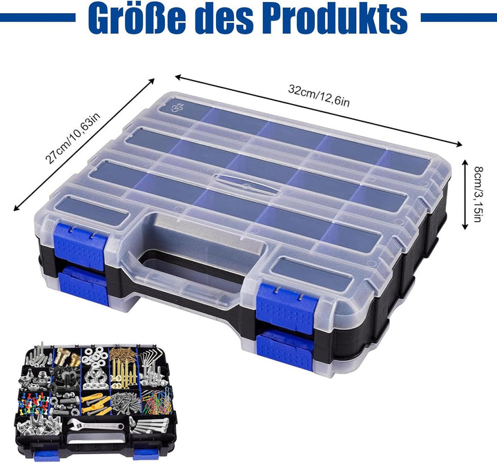 Doppelseitig Sortimentskasten, 34 Fächer Kleinteile Organizer mit Abnehmbarer Trennstege, Doppelseit