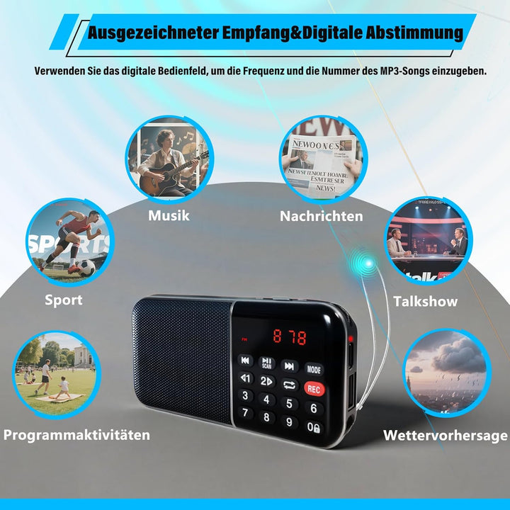 Kleines Digitalradio, Mini FM Radio mit Autosuche, eingebauter wiederaufladbarer Akku und MP3-Wieder