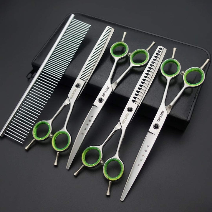 7,0 Zoll Professional Dog Grooming Scissors Set Gerade & Ausdünnen & Gebogen & Chunker & Kamm 5 Stüc