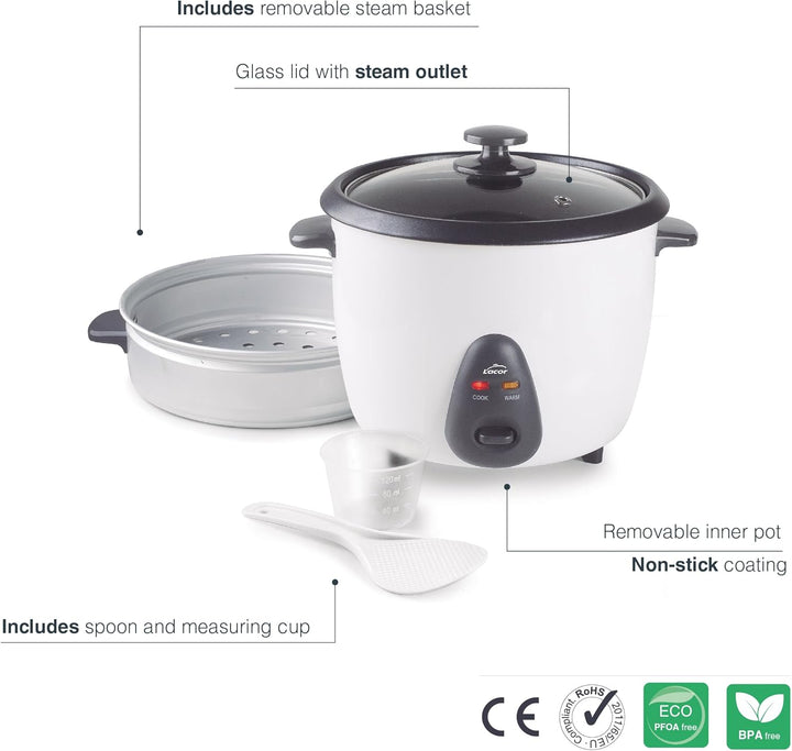 Lacor - 69441 - Elektrischer Reiskocher 1 L, 5 Portionen, ECO Antihaftbeschichtung, Glasdeckel, Kont
