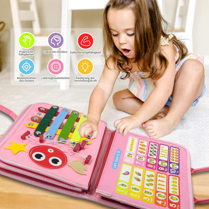 LearnToy Montessori Busy Board für Mädchen 3–5 Jahre – Einhorn Feinmotorik‑Spielzeug mit Auto/Flugze