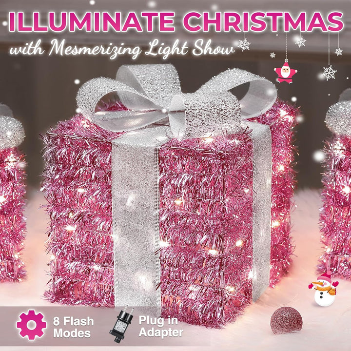 Quntis 3 Set LED Geschenkbox Weihnachten, Weihnachtsdeko Innen Strombetrieben, 140 warmweisse LEDs,