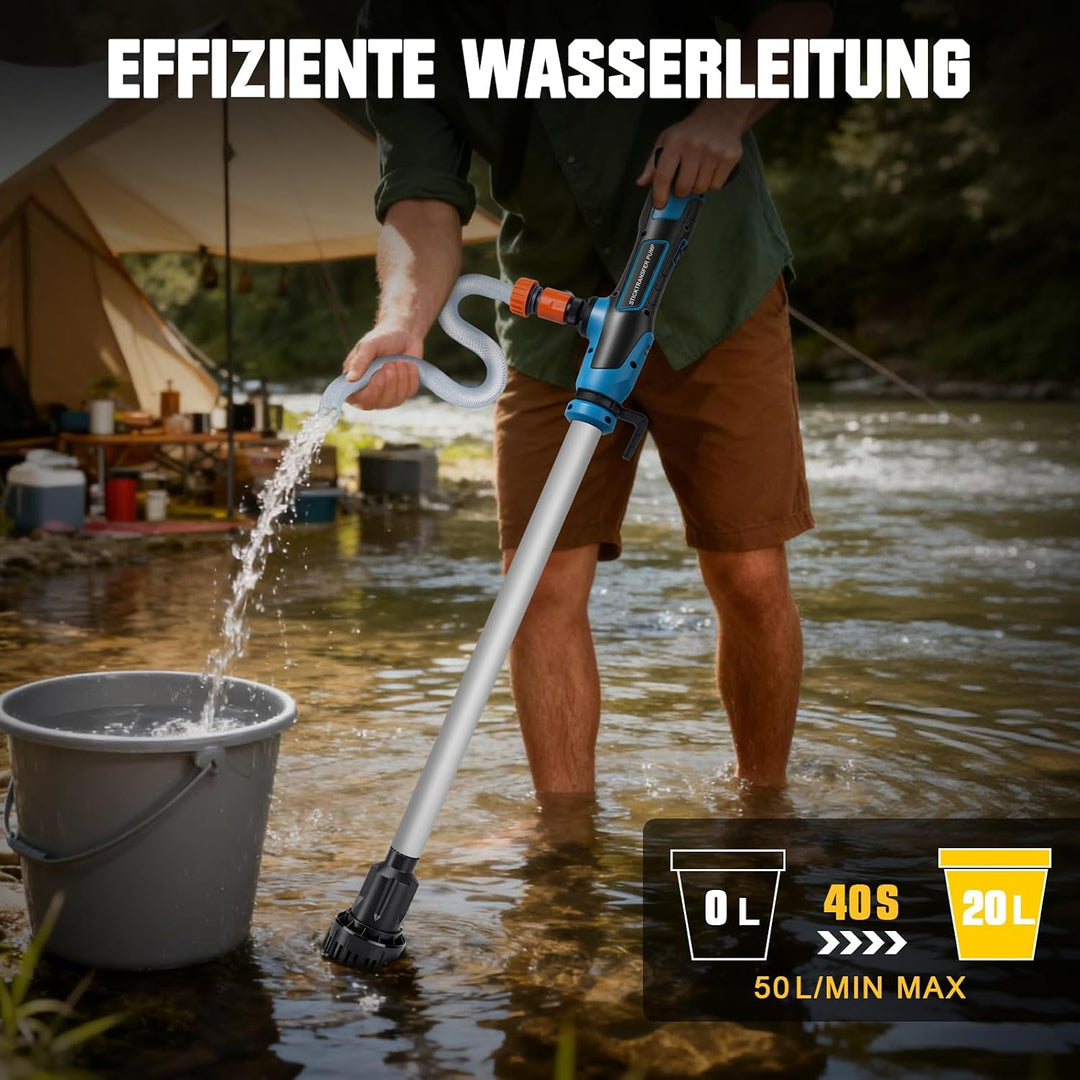 Akku Regenfasspumpe Wasserpumpe mit 2xAkkus, Kabellose Stab-Wasserpumpe, Max. Förderleistung 3000 L/