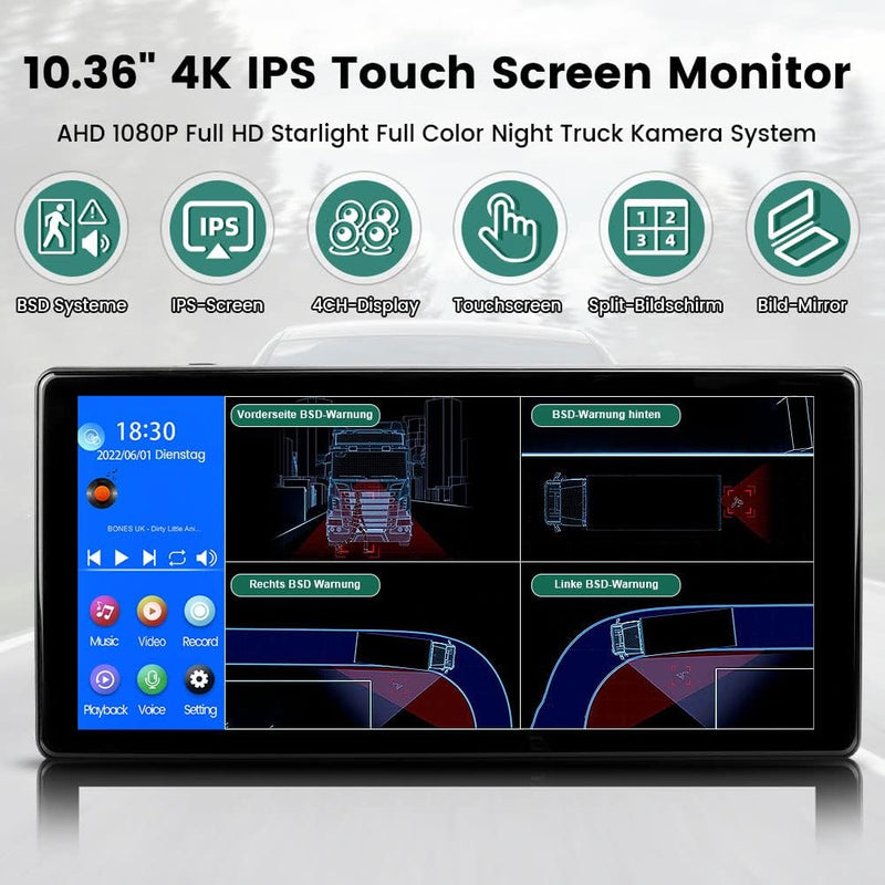 4K RV Rückfahrkamera System, GreenAuto 10,36 Zoll-4-Splits-Touchscreen Smart Blind Spot Radar BSD Al