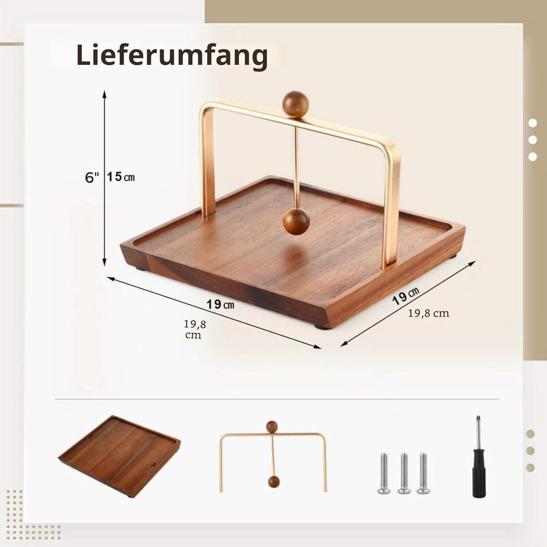 Serviettenhalter Holz mit Beschwerer, Moderner Serviettenspender aus Akazienholz & goldenem Metall,