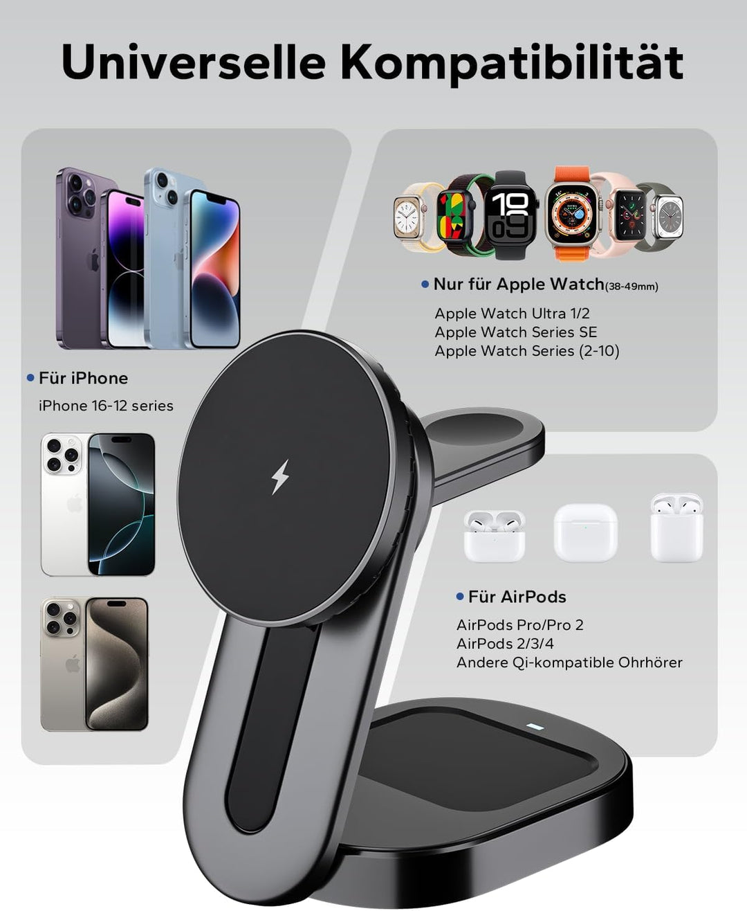 KPON Magsafe Ladestation 3 in 1 Faltbar, Induktive Kabellose Apple Ladestation, MagSafe Ladegerät fü