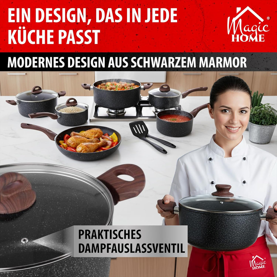 MAGIC HOME Aluguss Topf 24 cm INDUKTION | Marmor Antihaft | Kleiner Beschichteter Kochtopf mit Glasd