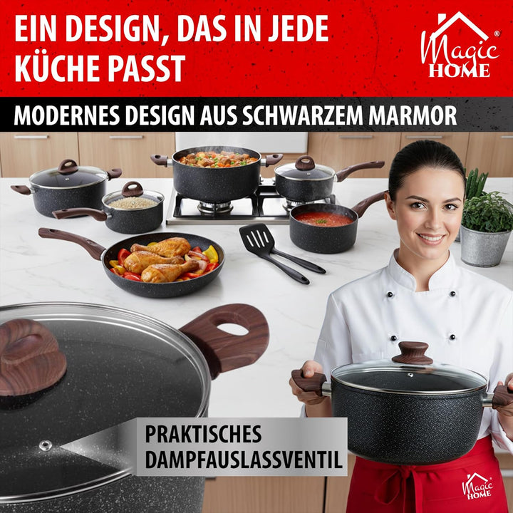 MAGIC HOME Aluguss Topf 24 cm INDUKTION | Marmor Antihaft | Kleiner Beschichteter Kochtopf mit Glasd