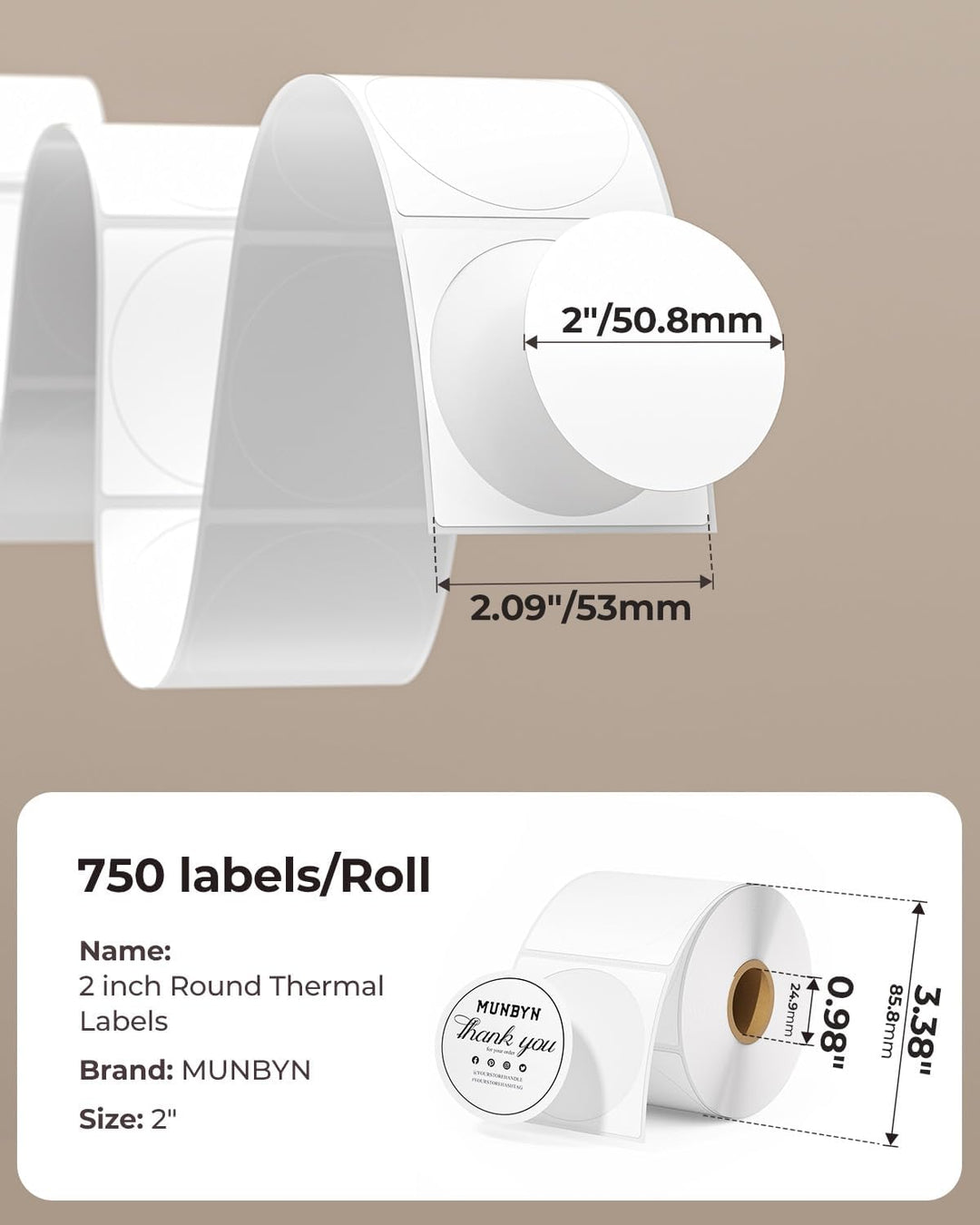 MUNBYN 2" Runde Etiketten Selbstklebend Rolle-Versandetiketten 750 Etiketten Kreis Thermodirekt Etik