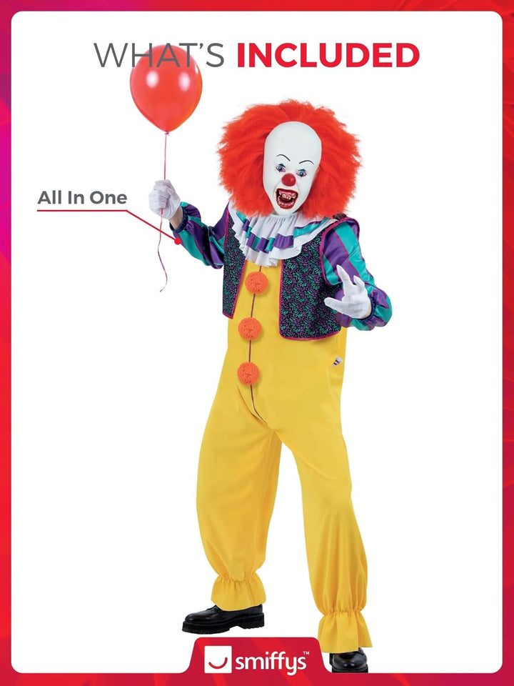 Smiffys IT The Movie Pennywise Kostüm für Erwachsene, All-in-One mit Nackenrüschen und eingesetzter