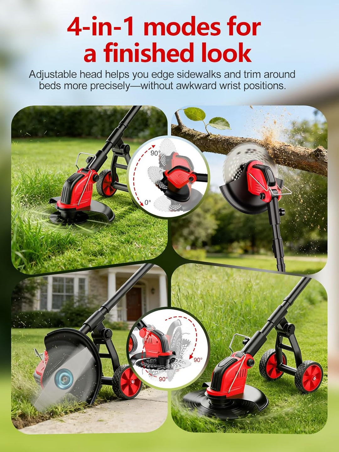 30CM Rasentrimmer mit Akku, 21V Akku Rasentrimmer mit 2 × 3.0Ah Akku& Ladegerät, 20000U/min 4 Klinge