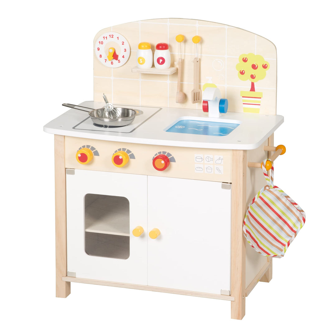 roba Spielküche, weiss, natur, Spielzeug-Küchenzeile mit 2 Kochstellen, Spüle, Wasserhahn & Zubehör