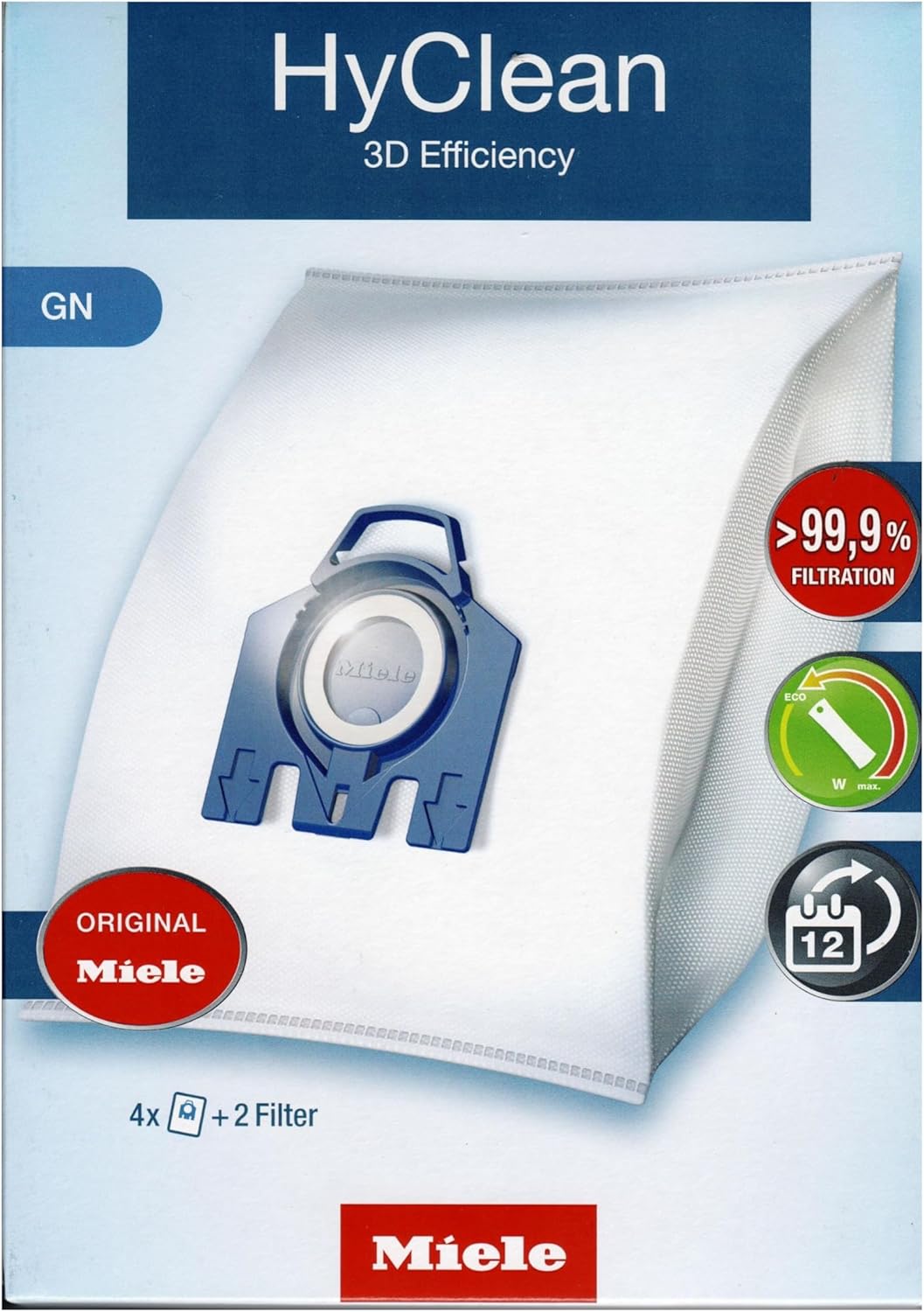 Miele 9917730 GN Vakuum-Hover-Tasche 1 Box: 4 Bags + 2 Filters Weiss/Blau, 1 Box: 4 Bags + 2 Filters