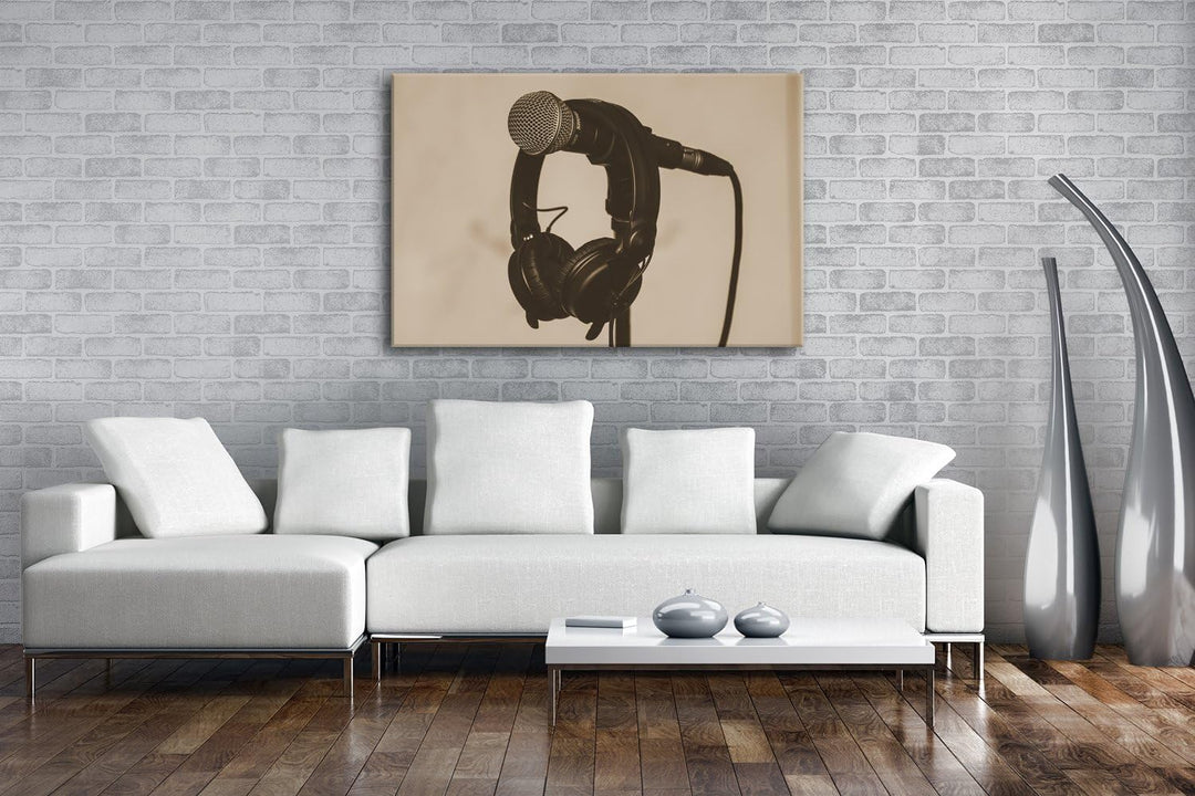 deyoli Mikrophon und Kopfhörer Format: 80x60 Effekt: Sepia als Leinwand, Motiv fertig gerahmt auf Ec