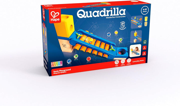 Hape Quadrilla Klingender Spielplatz - Zubehör zur Murmelbahn, Holz Kugelbahn und Murmelbahn für Kin