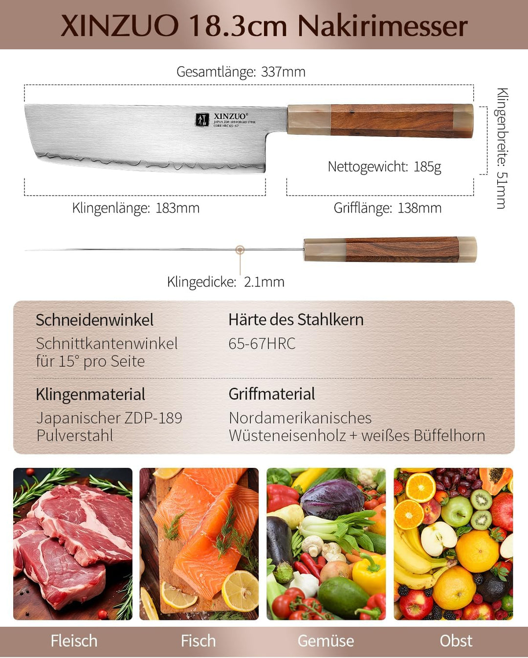 XINZUO Japanischer Stahl Nakirimesser 18.3cm Küchenmesser, Handgeschmiedet Kochmesser Japanischer ZD