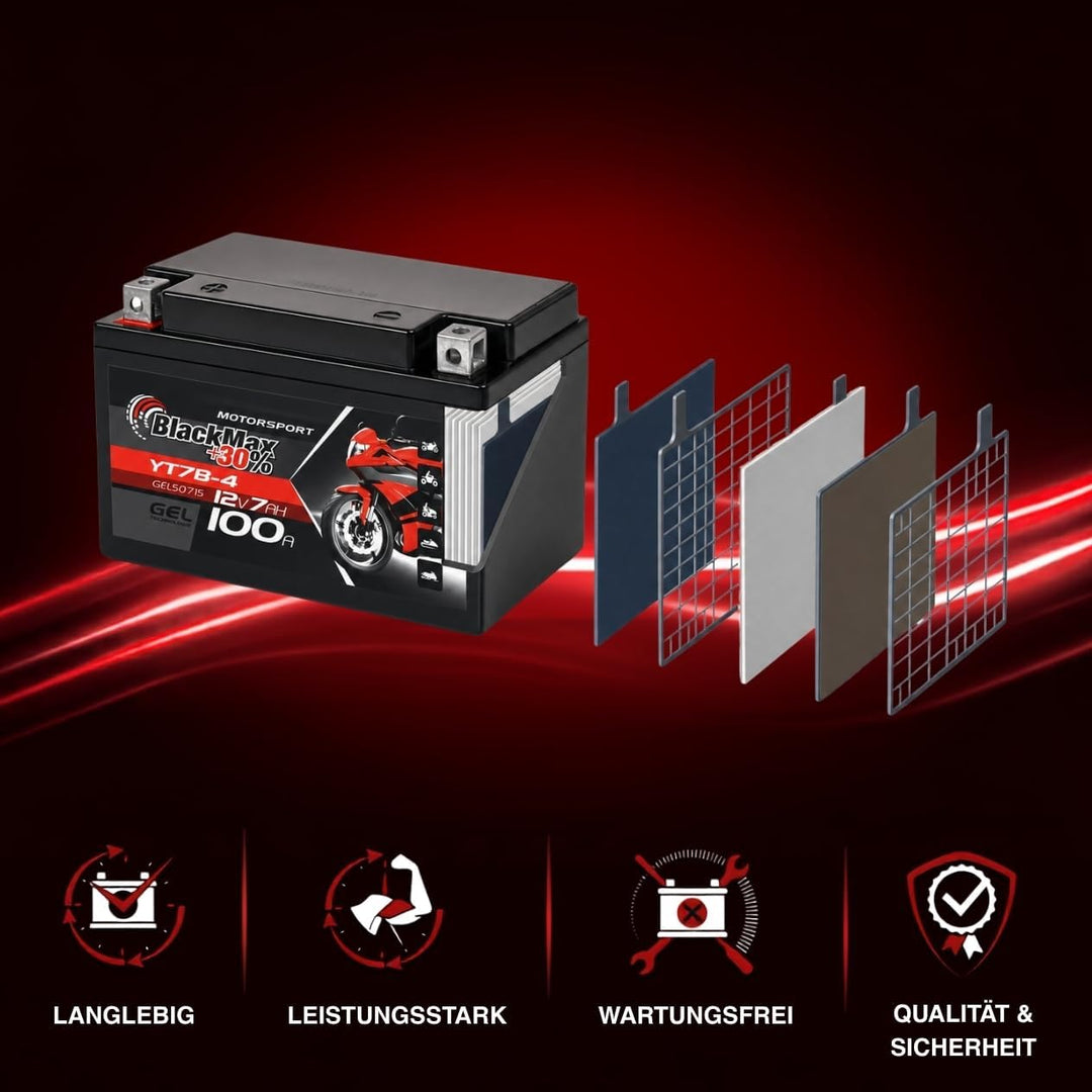 BlackMax YT7-B4 Motorradbatterie GEL 12V 7Ah YT7B-4 YT7B-BS Batterie FT7B4 GT7B4 7Ah - 100A - YT7-B4